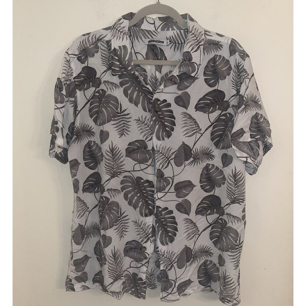 Sunsations Hawaiian Shirt Palm Leaves Grey White Tropical Bahama Summer Boat XL